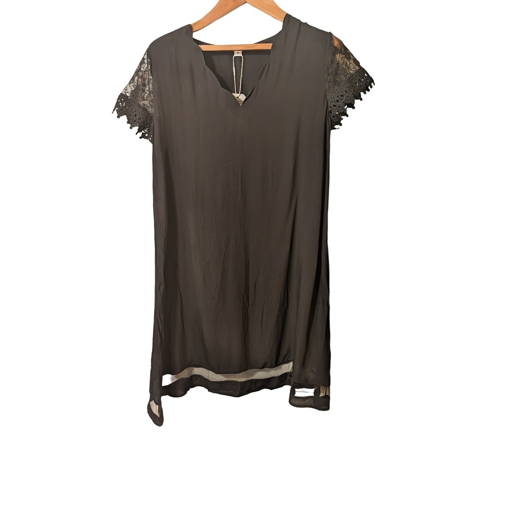 Black Lace Sleeve V-Neck Shift Dress Short Sleeve High-Low Hem Size M